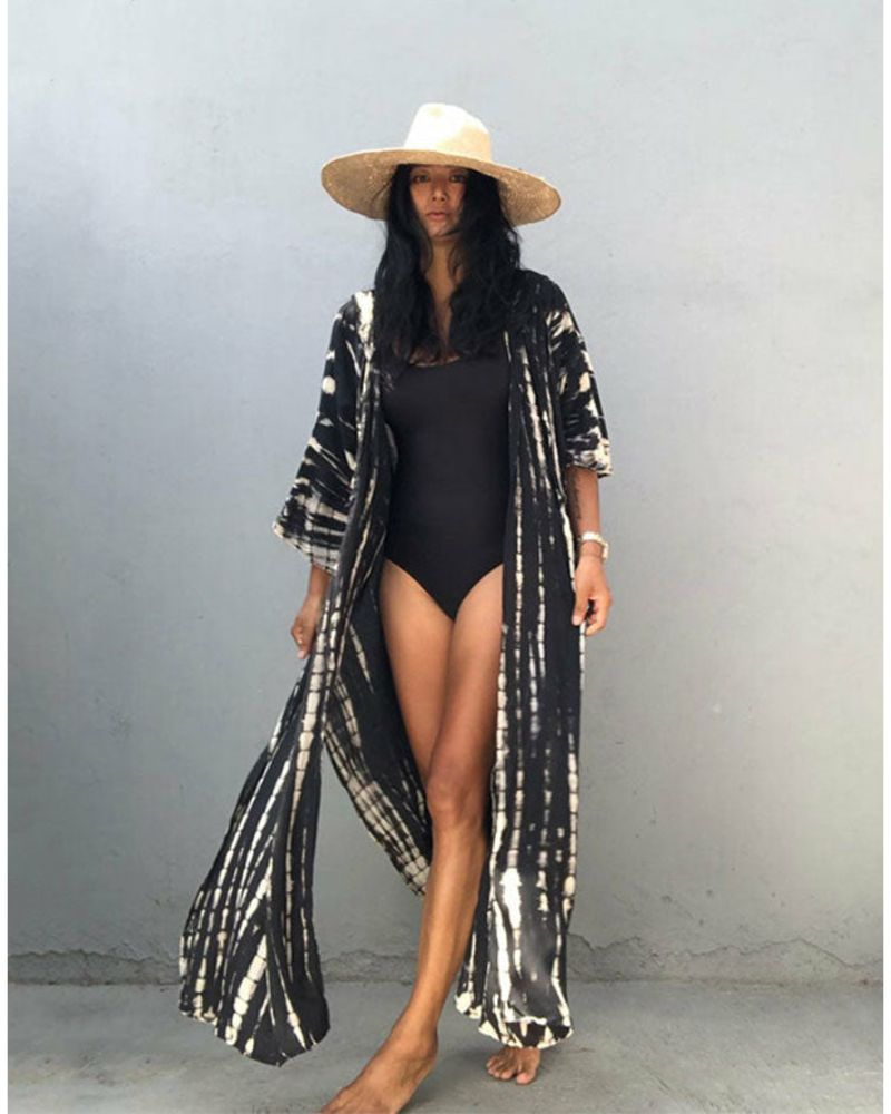 Emoswim - Green Hooded Printed Beach Vacation Swimsuit Cover Up-Black