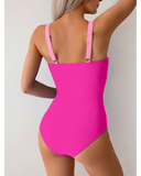 Emoswim - Women One Piece Swimsuit Ruched Tummy Control Bathing Suit Slimming Color Block Swim Suit Swimwear-Pink