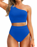 Emoswim - One Shoulder High Waisted Bikini Sets Two Piece Swimsuit Tummy Control-Blue