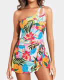 Emoswim - One Shoulder One Piece Swim Dress for Women Tummy Control Swimsuit with Skirt-Flower