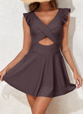 Emoswim - Women's One Piece Swimsuit Ruffle Cutout Swimdress Tummy Control V Neck Wrap Swimwear-Brown