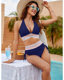 Emoswim - High Waisted Tummy Control Color Block Bikini Sets-Navy Blue