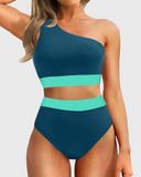 Emoswim - One Shoulder High Waisted Bikini Sets Two Piece Swimsuit Tummy Control-Teal Green