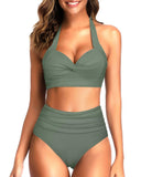 Emoswim - Trendy High Waist Swimsuit Two Piece Halter Bikini For Women-Army Green