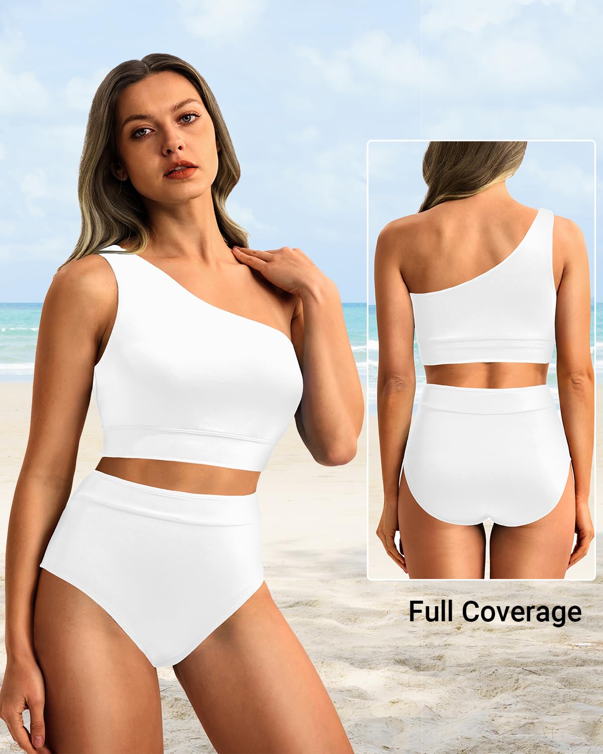 Emoswim - One Shoulder High Waisted Bikini Sets Two Piece Swimsuit Tummy Control-White