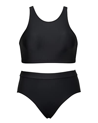 Emoswim - High Neck Crop Top Bikini Set 2 Piece Bathing Suits For Teen Girls-Black
