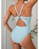 Emoswim - Womens One Piece Swimsuits Tummy Control Summer Beach Bathing Suit for Women Solid Color V Neck Back O Ring Swimwear-Sky Blue