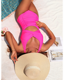 Emoswim - Womens One Piece Swimsuits Push Up Tummy Control Bathing Suits V Neck Cutout Modest Swimwear-Pink
