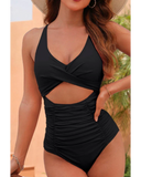Emoswim - Womens One Piece Swimsuits Push Up Tummy Control Bathing Suits V Neck Cutout Modest Swimwear-Black