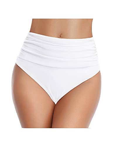 Emoswim - High Waisted Ruched Swim Shorts Women's Tummy Control Bikini Bottom-White