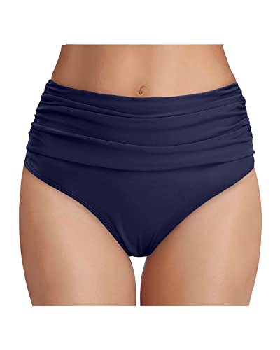 Emoswim - Women's Tummy Control High Waisted Ruched Swim Shorts Bikini Bottom-Navy Blue