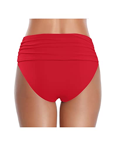 Emoswim - High Waisted Ruched Tummy Control Bikini Bottom For Women-Red