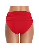 Emoswim - High Waisted Ruched Tummy Control Bikini Bottom For Women-Red