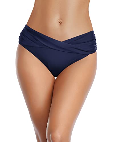 Emoswim - Twist Band Bikini Bottom V Cut Full Coverage Bathing Suit Bottoms-Navy Blue