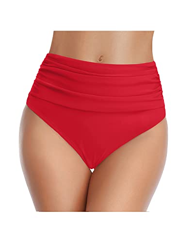 Emoswim - High Waisted Ruched Tummy Control Bikini Bottom For Women-Red