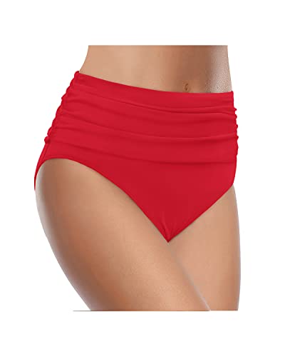 Emoswim - High Waisted Ruched Tummy Control Bikini Bottom For Women-Red