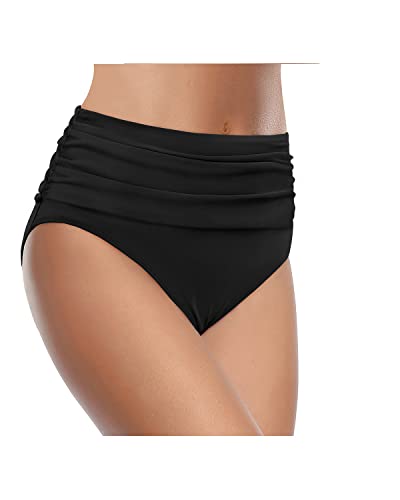 Emoswim - Tummy Control High Waisted Ruched Swim Shorts Bikini Bottom-Black