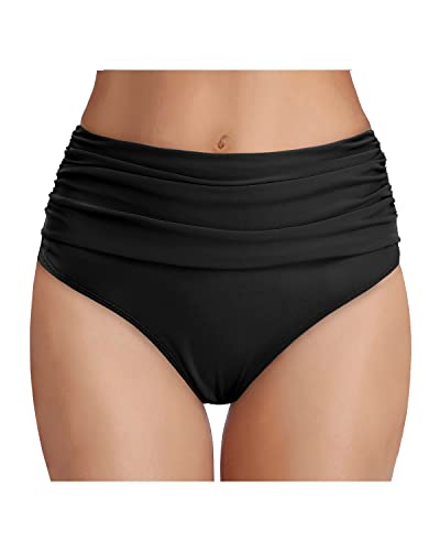 Emoswim - Tummy Control High Waisted Ruched Swim Shorts Bikini Bottom-Black