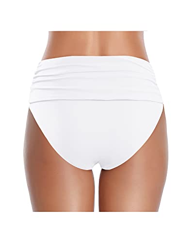 Emoswim - High Waisted Ruched Swim Shorts Women's Tummy Control Bikini Bottom-White