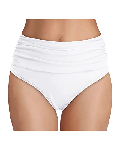 Emoswim - High Waisted Ruched Swim Shorts Women's Tummy Control Bikini Bottom-White