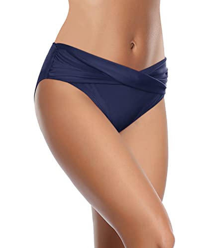 Emoswim - Twist Band Bikini Bottom V Cut Full Coverage Bathing Suit Bottoms-Navy Blue
