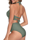 Emoswim - Trendy High Waist Swimsuit Two Piece Halter Bikini For Women-Army Green