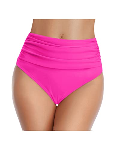 Emoswim - Ruched Tummy Control High Waisted Women's Bikini Bottom-Neon Pink