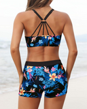 Emoswim - Women's 3 Piece Scoop Neck Criss Cross Tankini Swimsuits-Blue Red