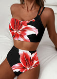 Emoswim - Damen High Waist Bikini-Sets One-Shoulder Floral Print Badeanzüge 2-teilig Bauchweg Bademode