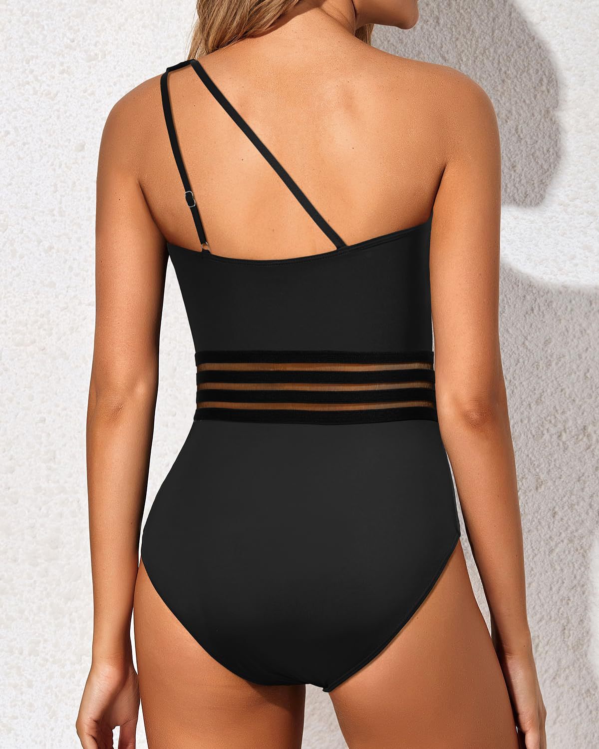 Emoswim - One Shoulder One Piece Swimsuit for Women Tummy Control Bathing Suits-Black Mesh
