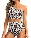 Emoswim - One-Shoulder High Waist Bikini-Sets Zweiteiliger Badeanzug Bauchweg - Leopard