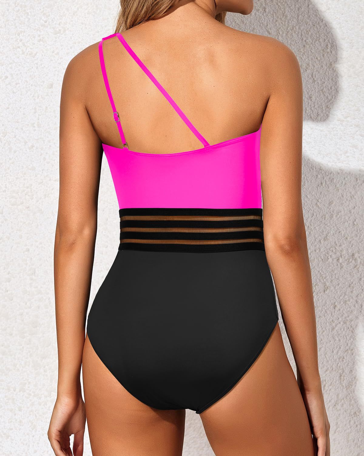 Emoswim - One Shoulder One Piece Swimsuit for Women Tummy Control Bathing Suits-Pink Mesh
