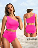 Emoswim - One-Shoulder High Waist Bikini-Sets Zweiteiliger Badeanzug Bauchweg - Pink