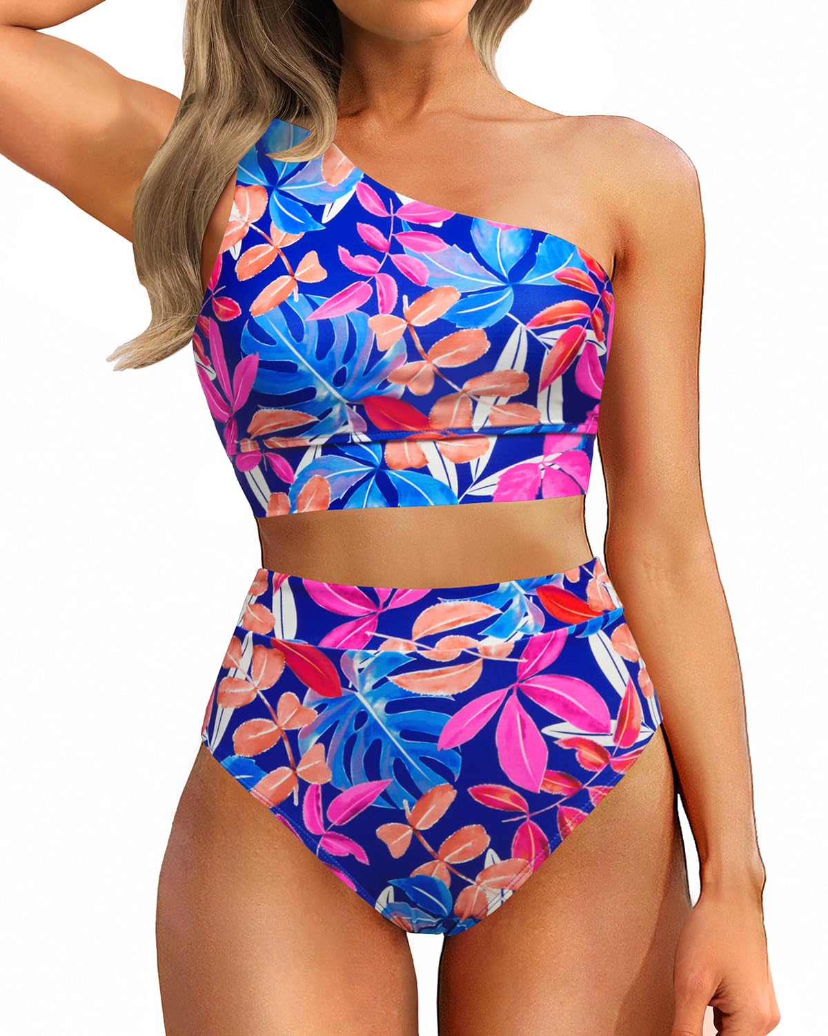 Emoswim - One Shoulder High Waisted Bikini Sets Two Piece Swimsuit Tummy Control-Colorful Leaves