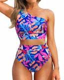 Emoswim - One Shoulder High Waisted Bikini Sets Two Piece Swimsuit Tummy Control-Colorful Leaves