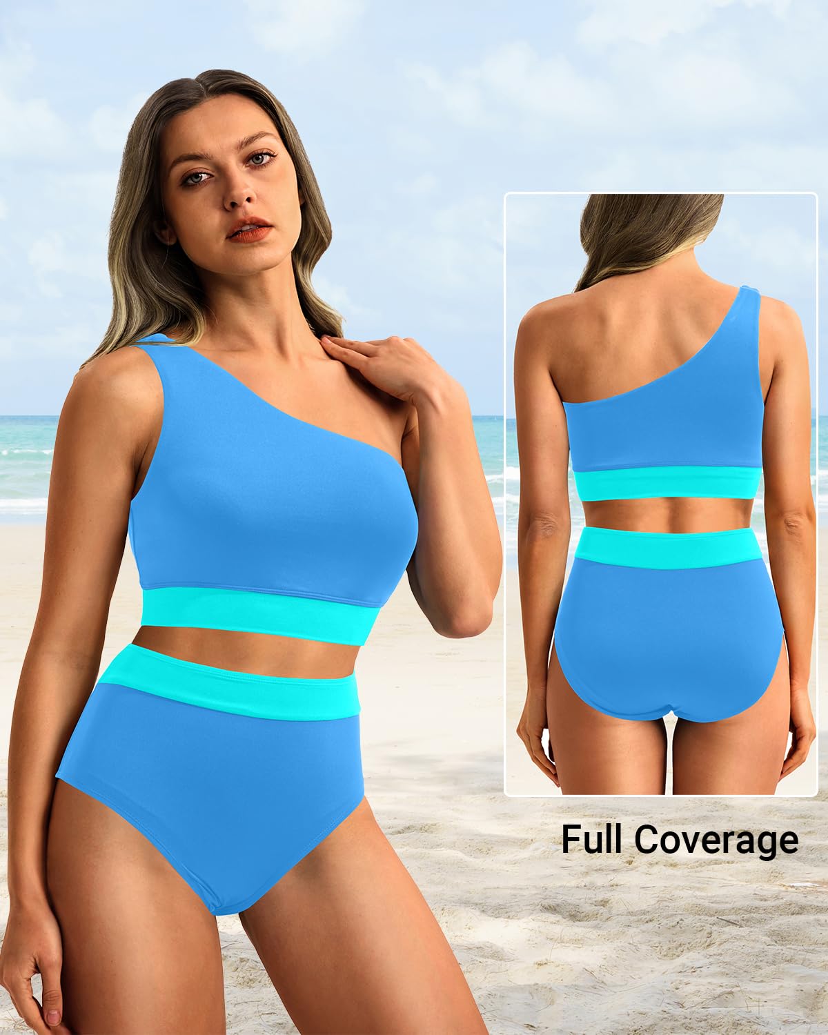 Emoswim - One Shoulder High Waisted Bikini Sets Two Piece Swimsuit Tummy Control-Blue Green