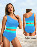 Emoswim - One Shoulder High Waisted Bikini Sets Two Piece Swimsuit Tummy Control-Blue Green
