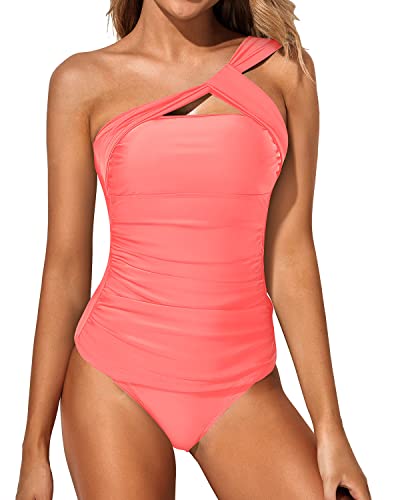 Emoswim - Stylish Two Piece One Shoulder Swim Top Shorts-Coral Pink