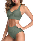 Emoswim - Trendy High Waist Swimsuit Two Piece Halter Bikini For Women-Army Green