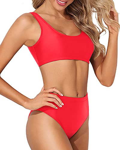 Emoswim - Tummy Hiding High Waisted Bikini Two Piece Scoop Neck Bikini For Women-Neon Red