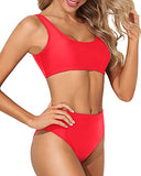 Emoswim - Tummy Hiding High Waisted Bikini Two Piece Scoop Neck Bikini For Women-Neon Red