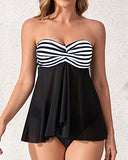 Emoswim - Women's Mid Rise Halter Bandeau Flyaway Tankini Swimsuit-Black And White Stripe