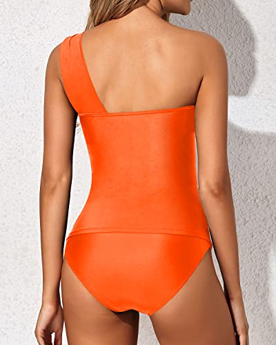 Emoswim - Women's 2 Piece Tankini Asymmetrical One Shoulder Top & Shorts-Neon Orange