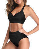 Emoswim - Women Two Piece Vintage Swimsuit Halter Ruched High Waist Bikini-Black