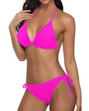 Emoswim - Adjustable Neck And Back Ties Halter Padded Top 2 Piece Bikini Sets-Neon Pink
