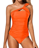 Emoswim - Women's 2 Piece Tankini Asymmetrical One Shoulder Top & Shorts-Neon Orange