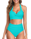 Emoswim - Women's Push Up Padded Halter High Waist High Leg Bikini Swimsuit-Aqua