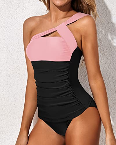 Emoswim - Women's Tummy Control Tankini Swimsuit One Shoulder Top & Shorts-Pink And Black