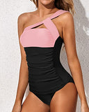 Emoswim - Women's Tummy Control Tankini Swimsuit One Shoulder Top & Shorts-Pink And Black