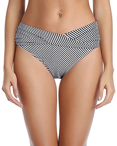 Emoswim - Ruched Bikini Bottom Cheeky High Cut Bathing Suit Bottoms-Black And White Stripe